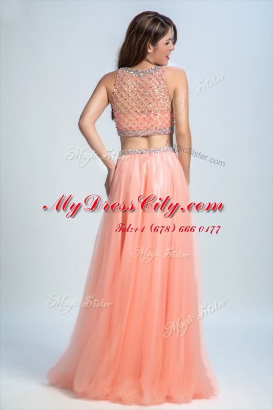 Beauteous Scoop Peach Column/Sheath Beading and Belt Prom Dress Side Zipper Chiffon Sleeveless Floor Length