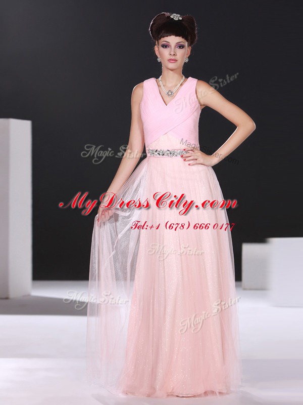 Super Floor Length Side Zipper Homecoming Dress Pink for Prom and Party with Beading and Ruching