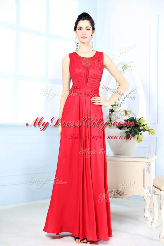 Noble Scoop Red Zipper Prom Evening Gown Ruching Sleeveless Floor Length