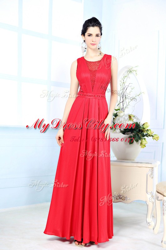 Noble Scoop Red Zipper Prom Evening Gown Ruching Sleeveless Floor Length