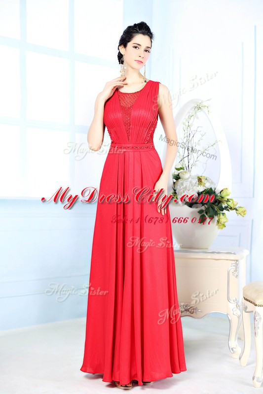 Noble Scoop Red Zipper Prom Evening Gown Ruching Sleeveless Floor Length