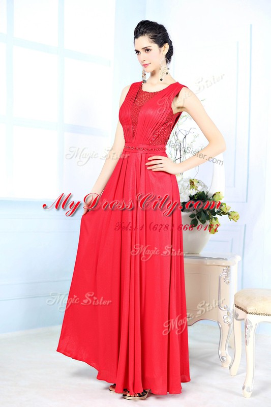 Noble Scoop Red Zipper Prom Evening Gown Ruching Sleeveless Floor Length