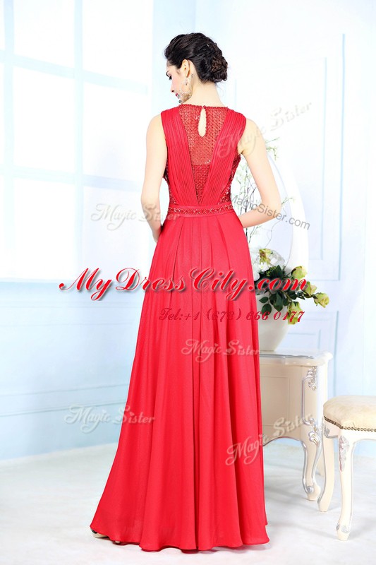 Noble Scoop Red Zipper Prom Evening Gown Ruching Sleeveless Floor Length