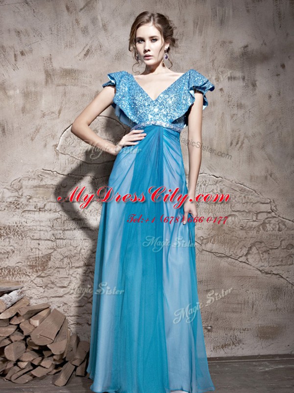 V-neck Cap Sleeves Prom Evening Gown Floor Length Sequins Teal Tulle