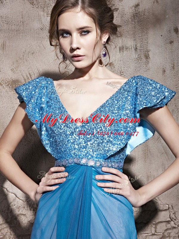 V-neck Cap Sleeves Prom Evening Gown Floor Length Sequins Teal Tulle