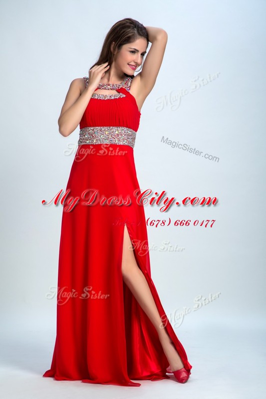 Pretty Floor Length Red and Coral Red Prom Gown Taffeta Sleeveless Beading