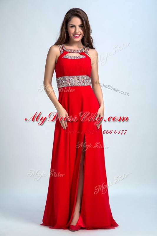 Pretty Floor Length Red and Coral Red Prom Gown Taffeta Sleeveless Beading