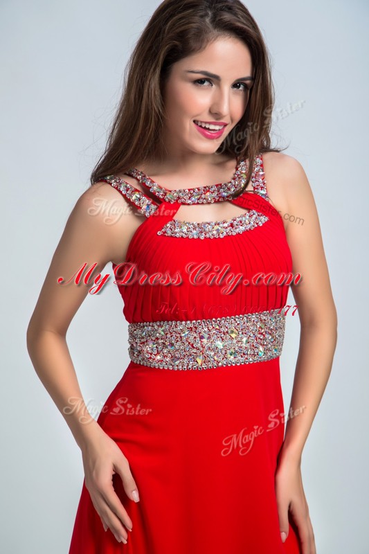 Pretty Floor Length Red and Coral Red Prom Gown Taffeta Sleeveless Beading