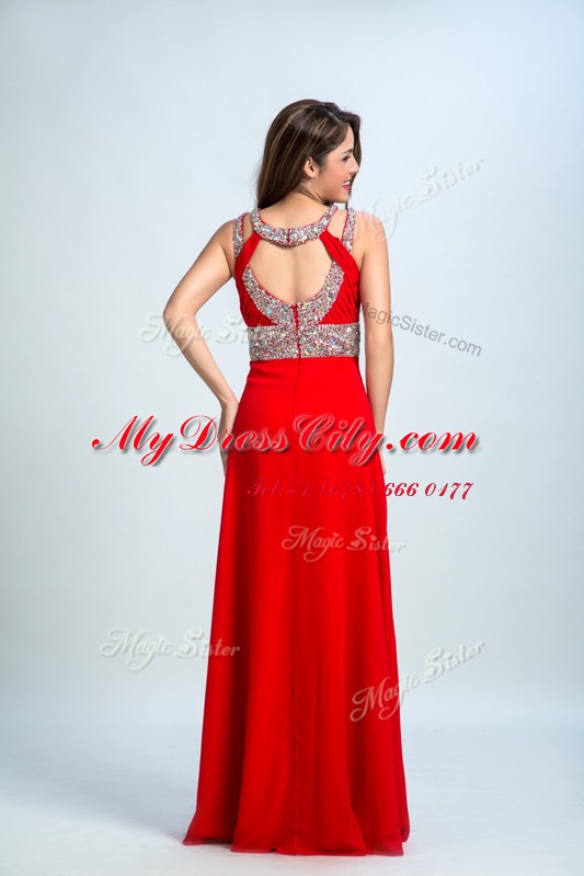 Pretty Floor Length Red and Coral Red Prom Gown Taffeta Sleeveless Beading