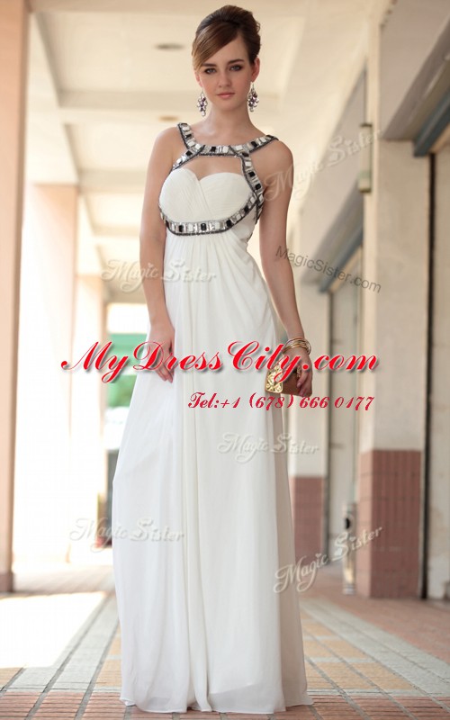 Empire White Straps Chiffon Sleeveless Floor Length Side Zipper