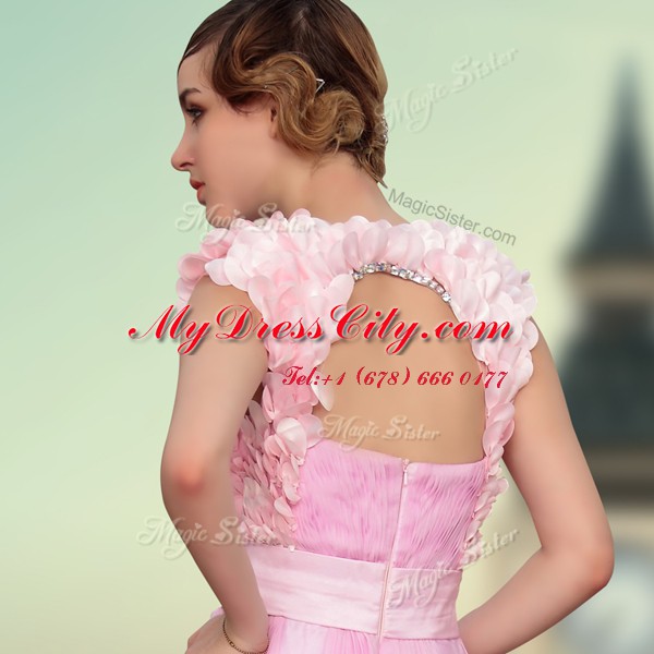 Superior Rose Pink Satin Zipper Sweetheart Sleeveless Floor Length Evening Dress Belt and Hand Made Flower