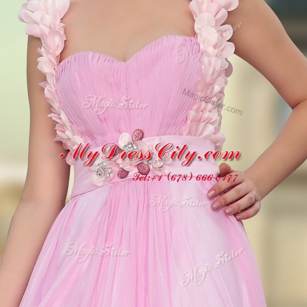 Superior Rose Pink Satin Zipper Sweetheart Sleeveless Floor Length Evening Dress Belt and Hand Made Flower