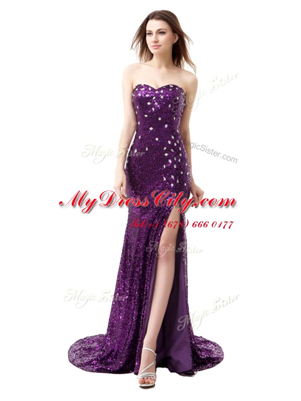 Dynamic Mermaid Floor Length Purple Prom Gown Sweetheart Sleeveless Brush Train Side Zipper