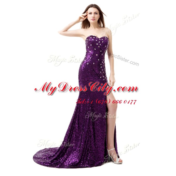 Dynamic Mermaid Floor Length Purple Prom Gown Sweetheart Sleeveless Brush Train Side Zipper