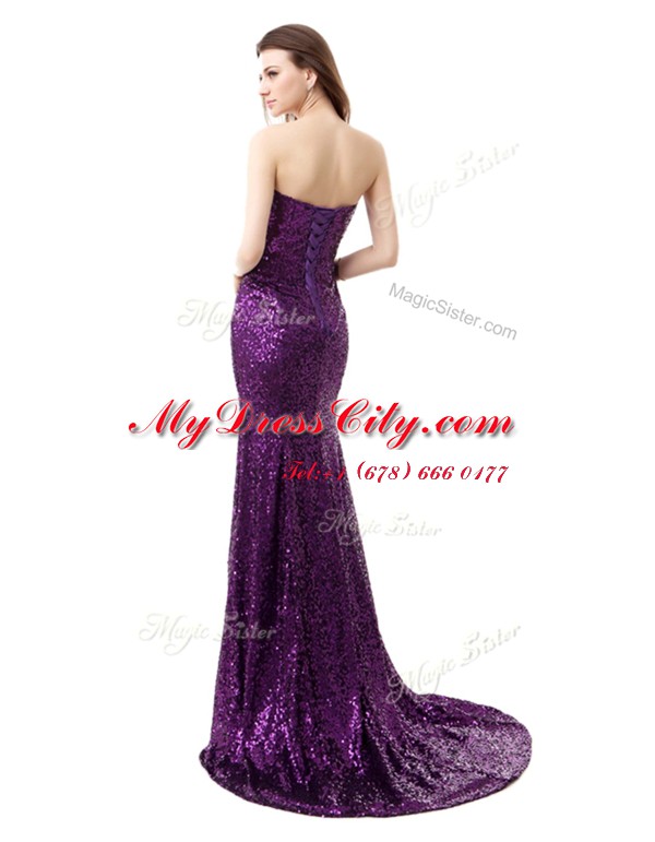 Dynamic Mermaid Floor Length Purple Prom Gown Sweetheart Sleeveless Brush Train Side Zipper