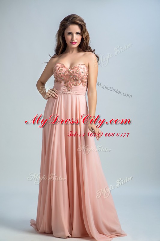 Beading Prom Dress Baby Pink Zipper Sleeveless With Brush Train