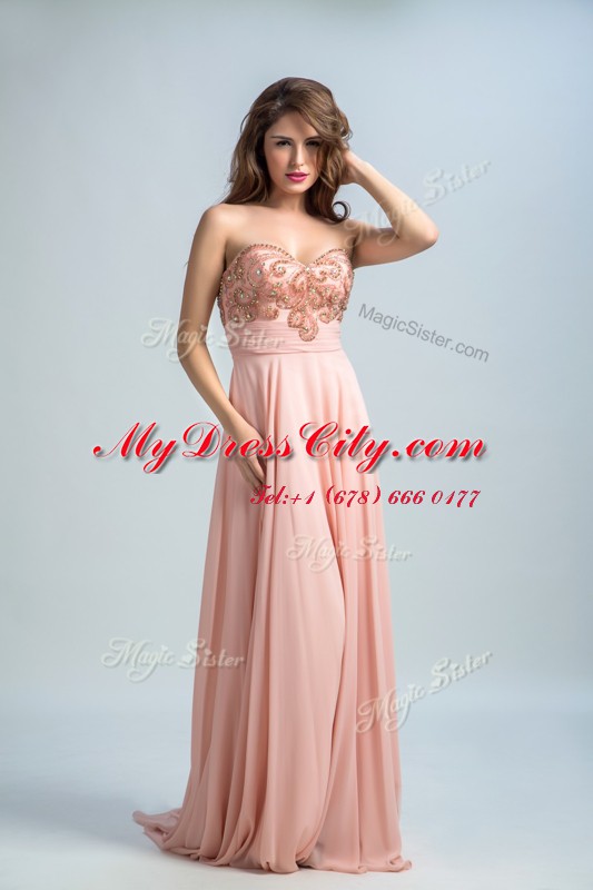 Beading Prom Dress Baby Pink Zipper Sleeveless With Brush Train