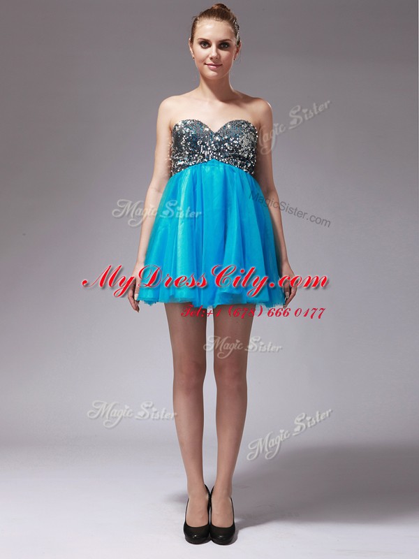 Beautiful Aqua Blue Sleeveless Mini Length Beading Zipper Dress for Prom