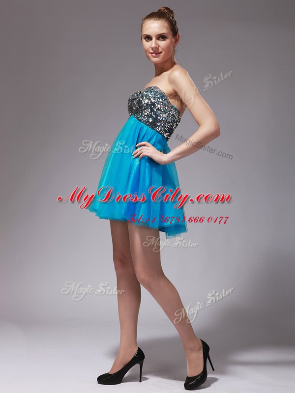 Beautiful Aqua Blue Sleeveless Mini Length Beading Zipper Dress for Prom