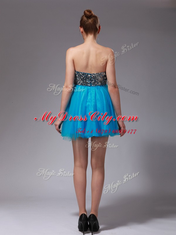 Beautiful Aqua Blue Sleeveless Mini Length Beading Zipper Dress for Prom