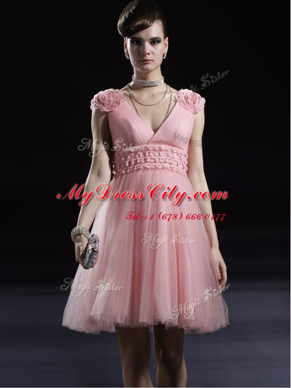 Fashion V-neck Sleeveless Zipper Prom Dresses Baby Pink Tulle