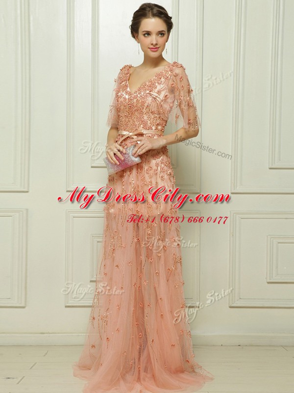 Peach Prom Evening Gown Prom and Party and For with Beading and Appliques V-neck Cap Sleeves Brush Train Zipper