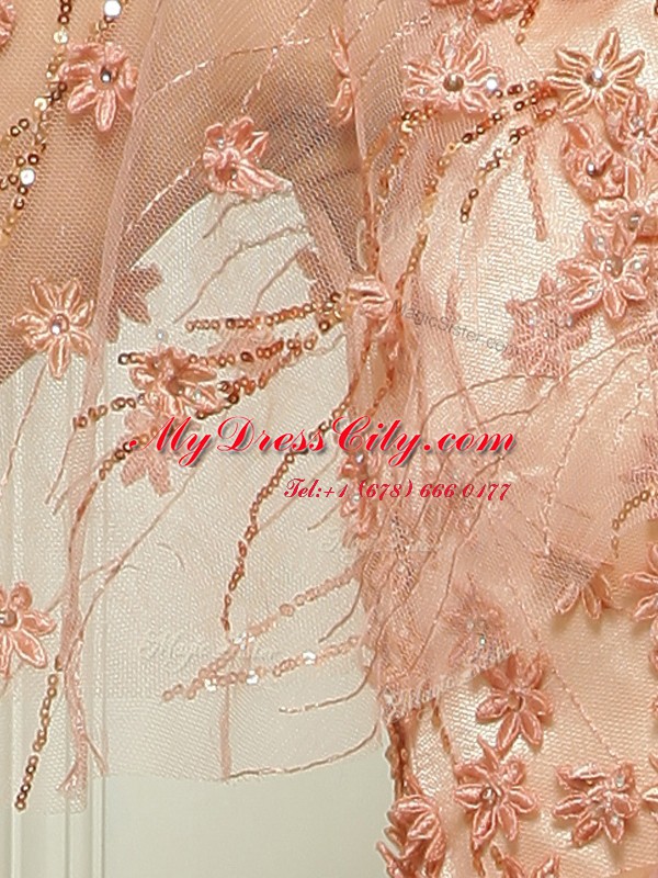 Peach Prom Evening Gown Prom and Party and For with Beading and Appliques V-neck Cap Sleeves Brush Train Zipper