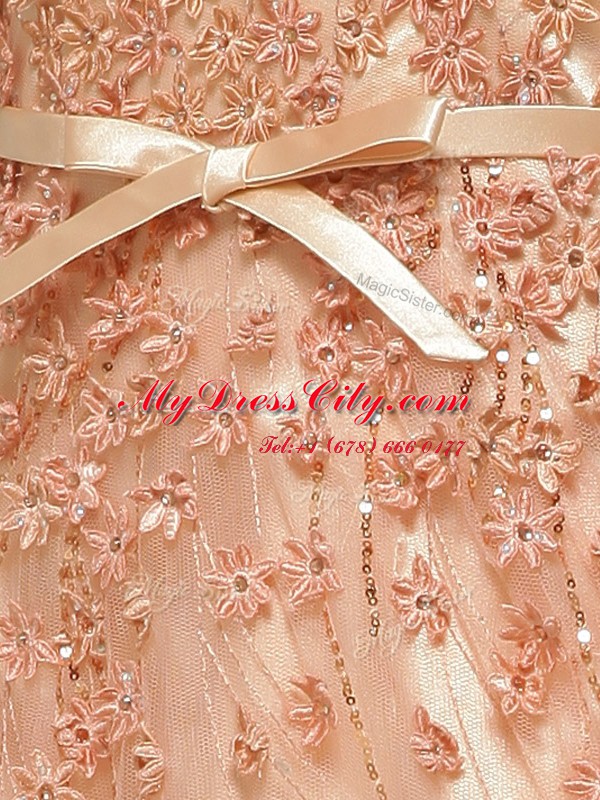 Peach Prom Evening Gown Prom and Party and For with Beading and Appliques V-neck Cap Sleeves Brush Train Zipper