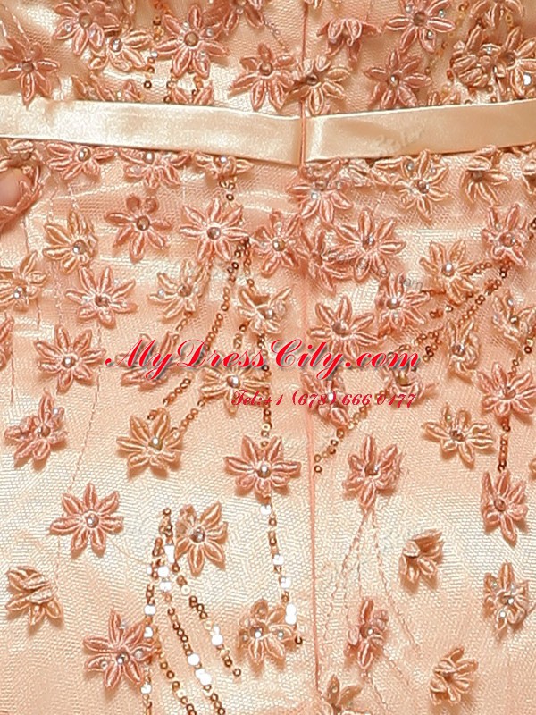 Peach Prom Evening Gown Prom and Party and For with Beading and Appliques V-neck Cap Sleeves Brush Train Zipper