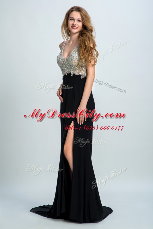 Suitable With Train Backless Prom Gown Black for Prom and Party with Beading Brush Train