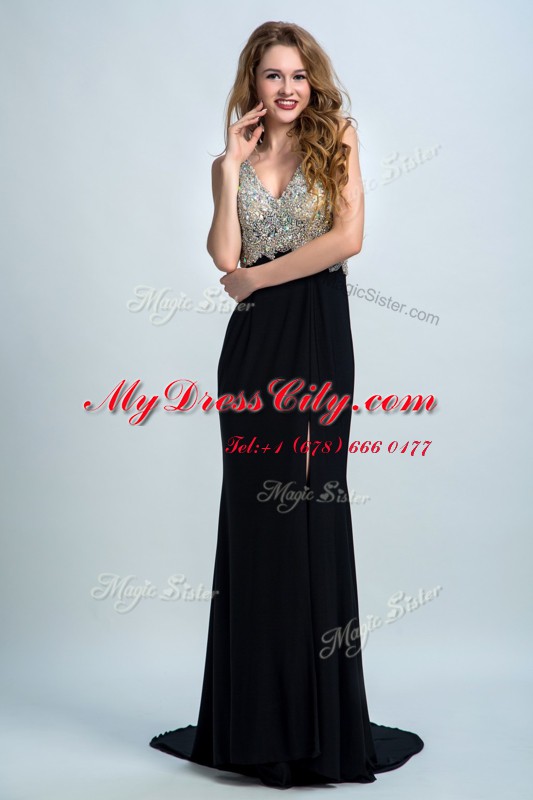 Suitable With Train Backless Prom Gown Black for Prom and Party with Beading Brush Train