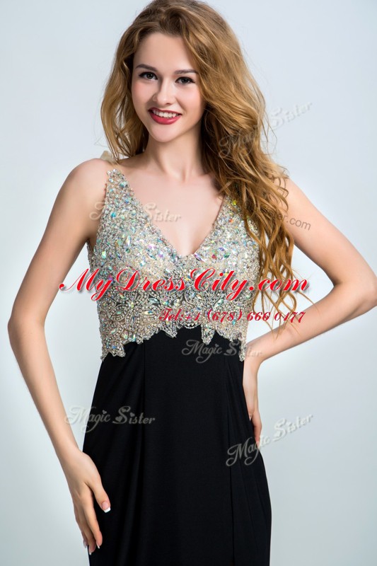 Suitable With Train Backless Prom Gown Black for Prom and Party with Beading Brush Train