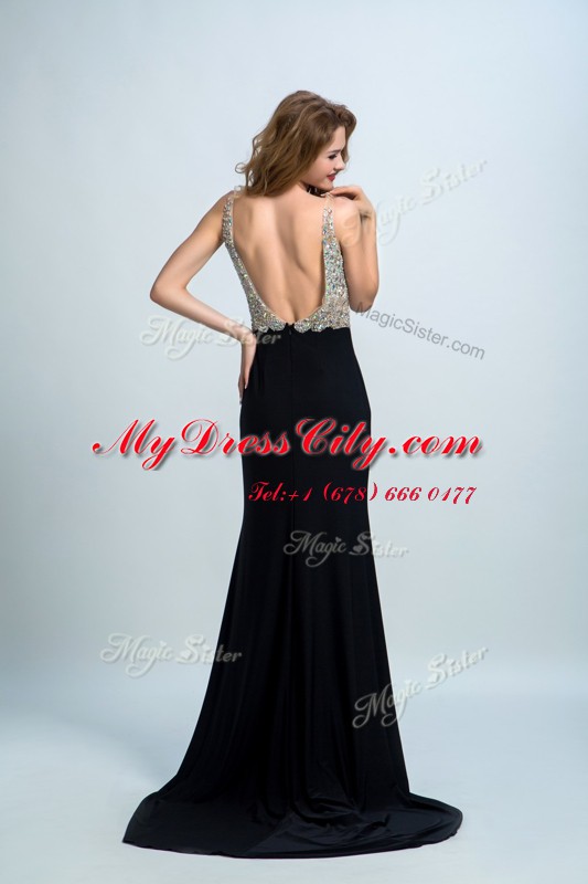 Suitable With Train Backless Prom Gown Black for Prom and Party with Beading Brush Train