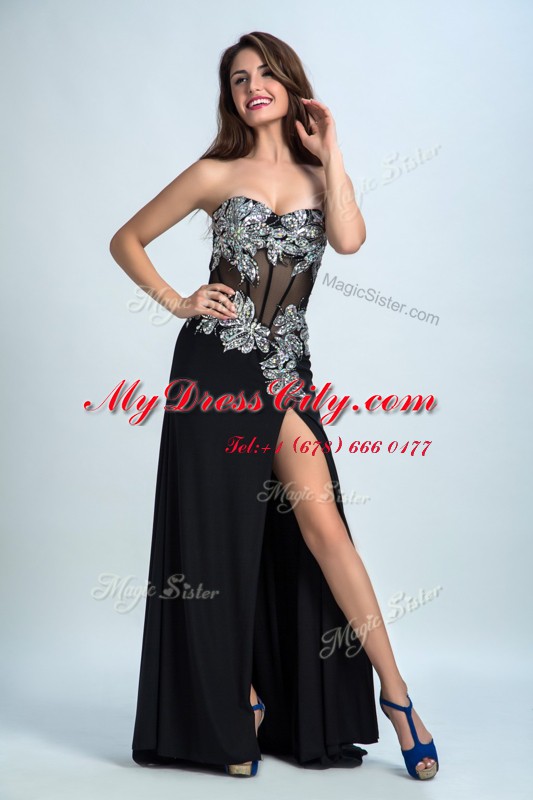 Smart Black Column/Sheath Chiffon Sweetheart Sleeveless Beading With Train Zipper Prom Party Dress Brush Train