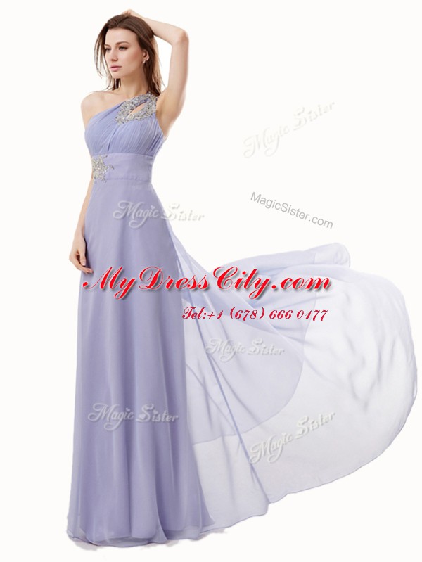 Elegant One Shoulder Sleeveless Brush Train Beading Zipper