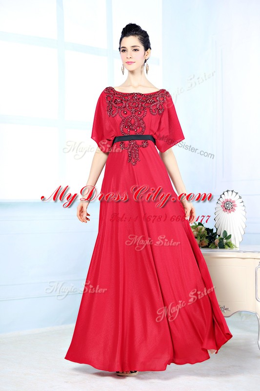 Red Zipper Prom Dress Beading Sleeveless Floor Length