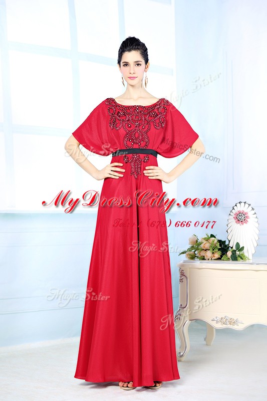 Red Zipper Prom Dress Beading Sleeveless Floor Length