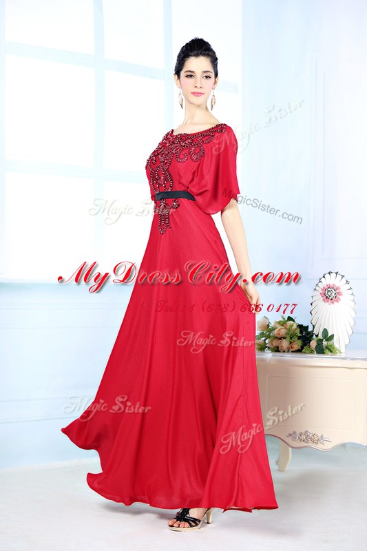 Red Zipper Prom Dress Beading Sleeveless Floor Length