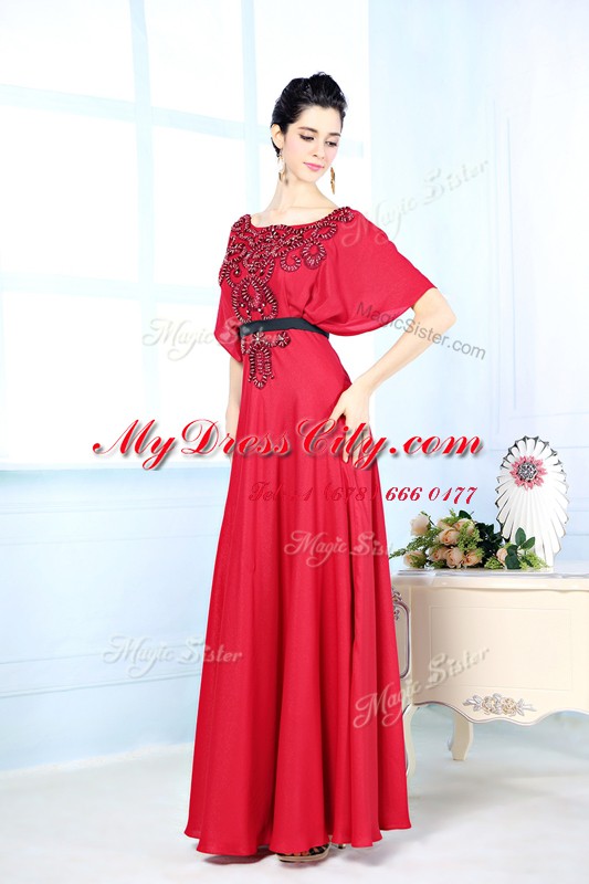 Red Zipper Prom Dress Beading Sleeveless Floor Length