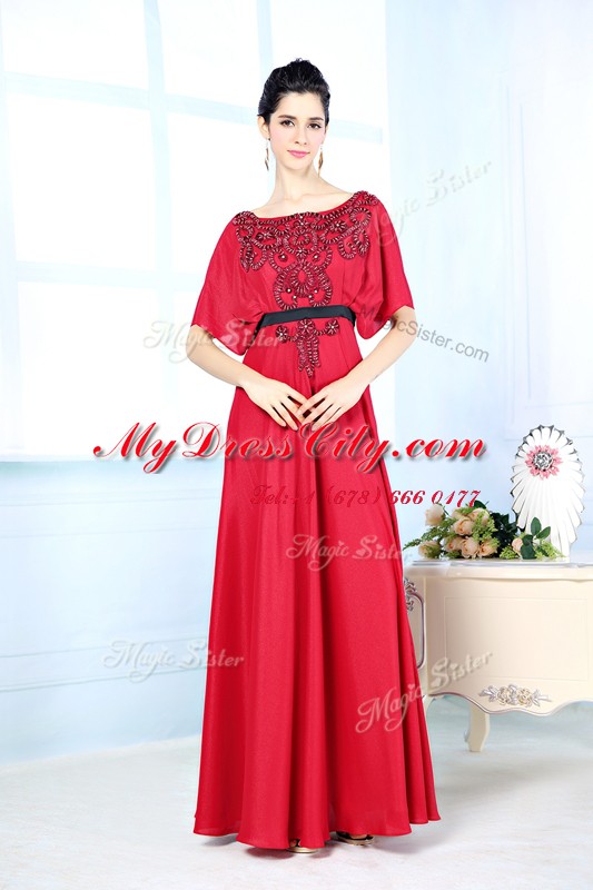 Red Zipper Prom Dress Beading Sleeveless Floor Length