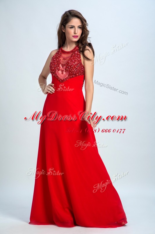 Customized Red Chiffon Zipper Scoop Sleeveless Floor Length Homecoming Dress Beading