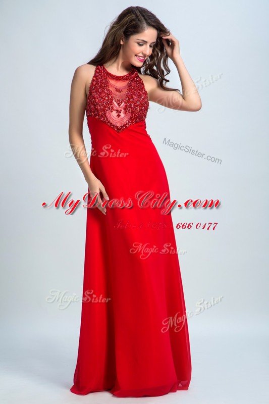 Customized Red Chiffon Zipper Scoop Sleeveless Floor Length Homecoming Dress Beading