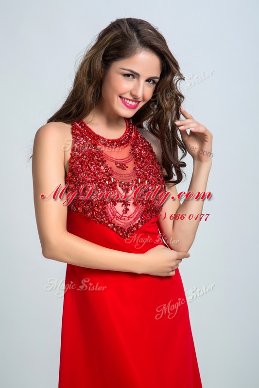 Customized Red Chiffon Zipper Scoop Sleeveless Floor Length Homecoming Dress Beading