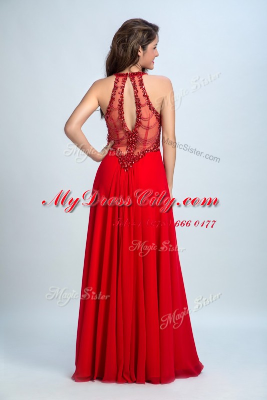 Customized Red Chiffon Zipper Scoop Sleeveless Floor Length Homecoming Dress Beading