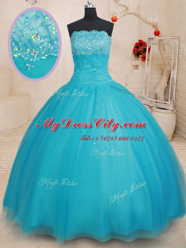 New Arrival Scalloped Beading 15 Quinceanera Dress Aqua Blue Lace Up Sleeveless Floor Length