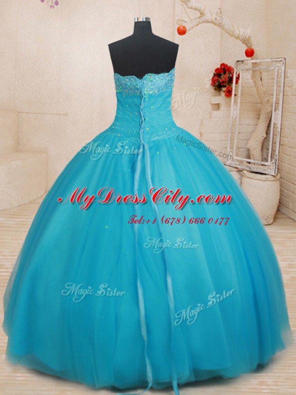 New Arrival Scalloped Beading 15 Quinceanera Dress Aqua Blue Lace Up Sleeveless Floor Length