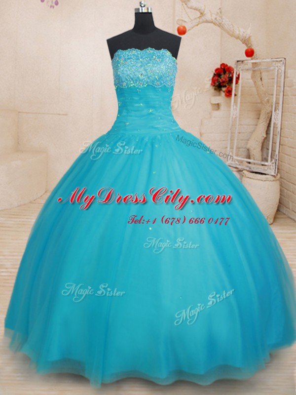 New Arrival Scalloped Beading 15 Quinceanera Dress Aqua Blue Lace Up Sleeveless Floor Length