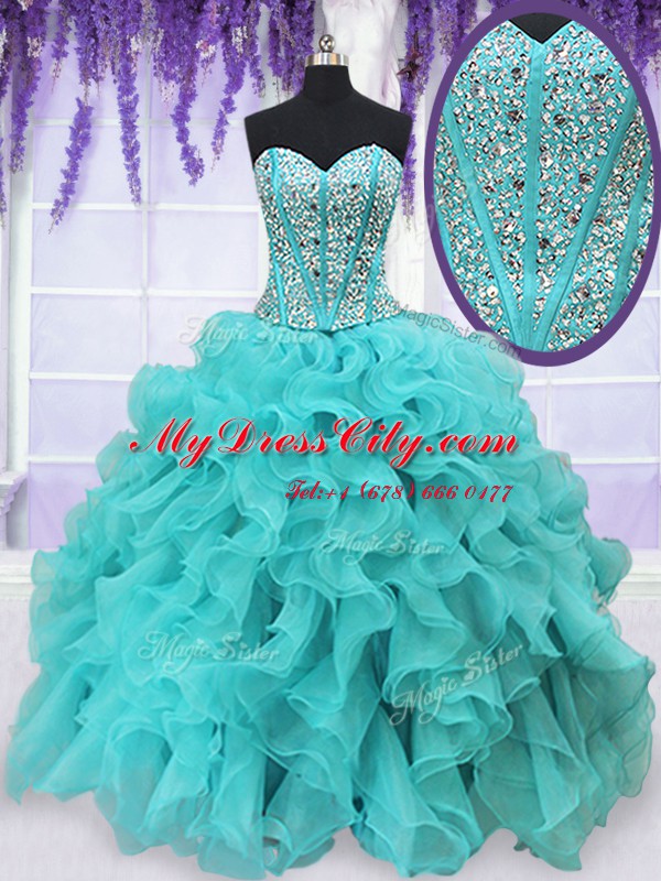 Hot Sale Floor Length Lace Up Quinceanera Gowns Aqua Blue for Military Ball and Sweet 16 and Quinceanera with Beading and Ruffles