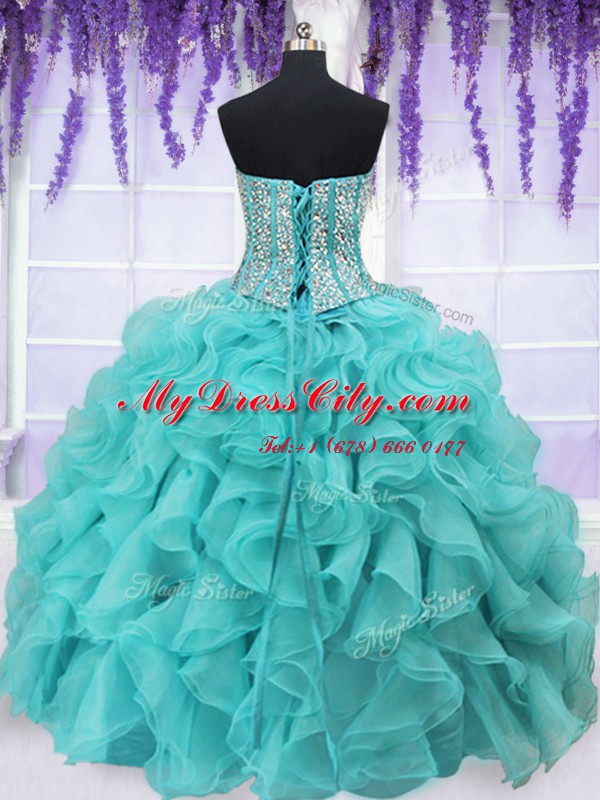 Hot Sale Floor Length Lace Up Quinceanera Gowns Aqua Blue for Military Ball and Sweet 16 and Quinceanera with Beading and Ruffles