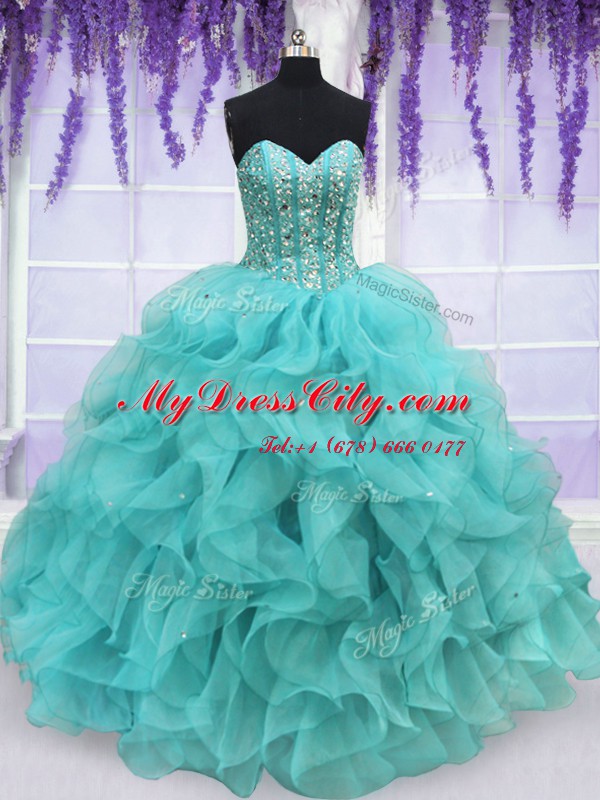 Organza Sleeveless Floor Length Quince Ball Gowns and Beading and Ruffles